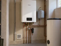 Wall-mounted boiler with flue and low air inlet – kotłownia gazowa wymagania ppoż zgodne elementy wentylacji i serwisu