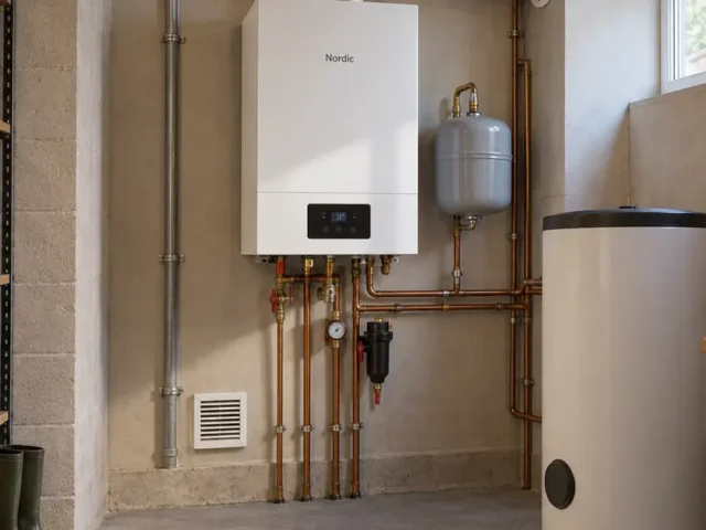 Wall-mounted boiler with flue and low air inlet – kotłownia gazowa wymagania ppoż zgodne elementy wentylacji i serwisu