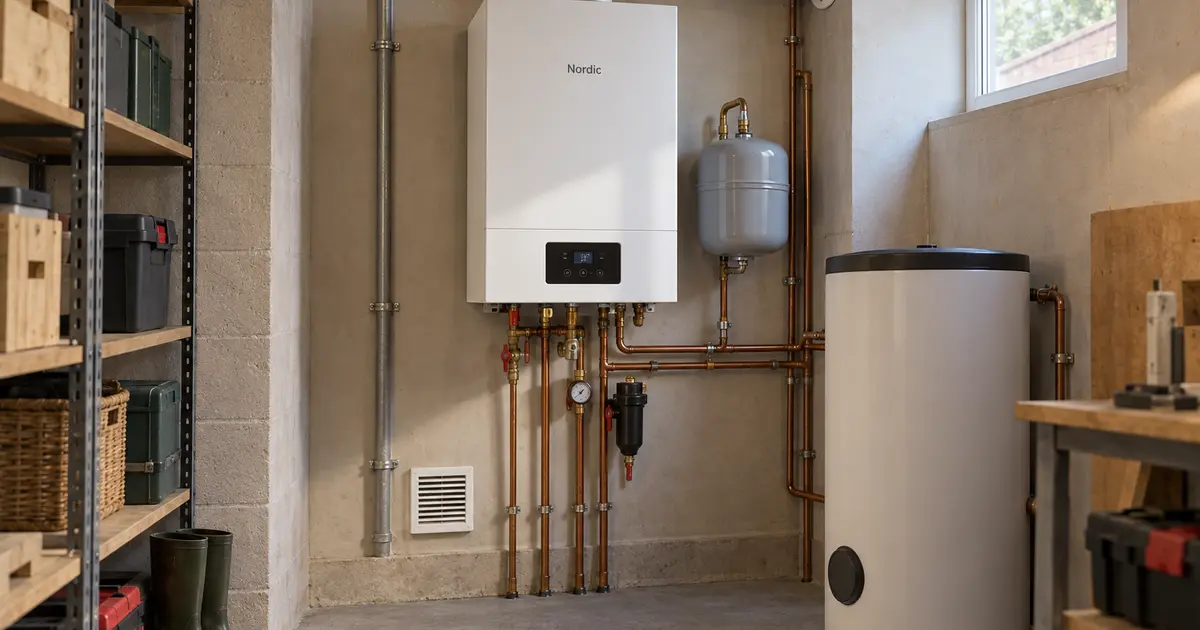 Wall-mounted boiler with flue and low air inlet – kotłownia gazowa wymagania ppoż zgodne elementy wentylacji i serwisu
