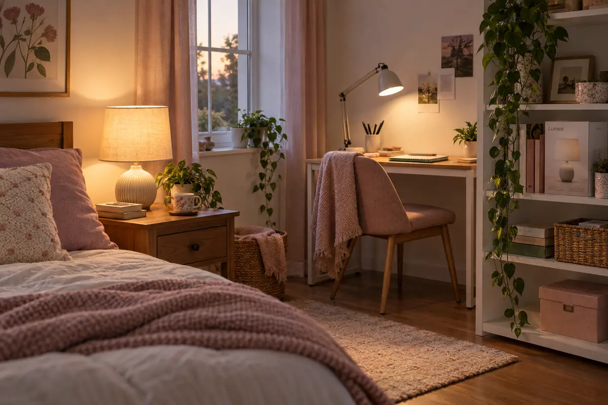 Stolik nocny z lampką o cieplej barwie i biurkowa lampka nad miejscem do pracy